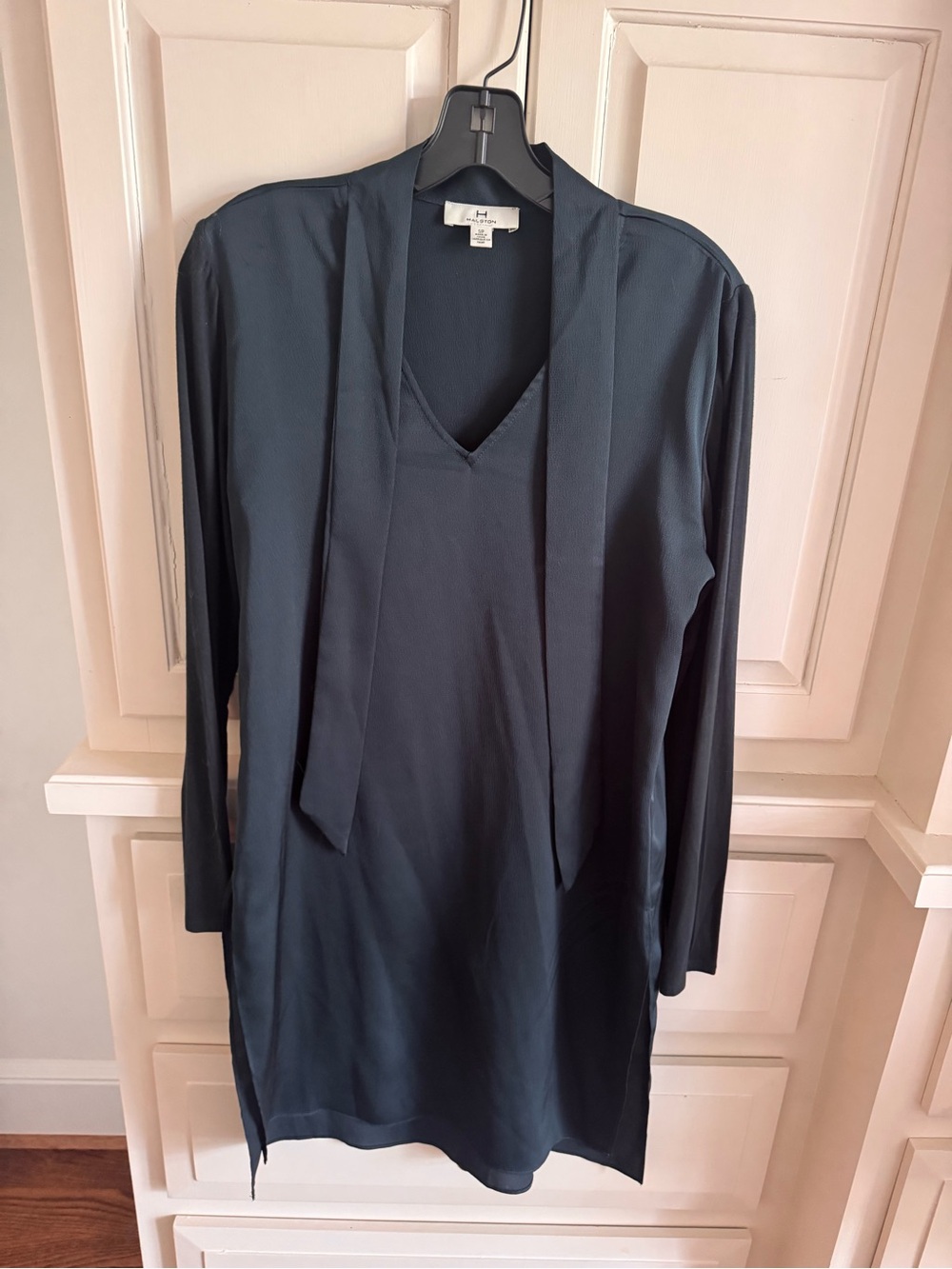 H by Halston Long Sleeve V-Neck Tunic with Neck Tie - Dark Teal